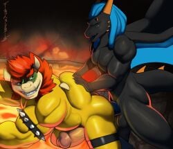 2boys absurd_res anal anal_sex anthro anthro_on_anthro anthro_penetrated anthro_penetrating anthro_penetrating_anthro balls big_penis black_body blue_hair bowser dragon franubis genitals grin hair hi_res humanoid_genitalia humanoid_penis koopa lair lava looking_at_another looking_pleasured male male/male male_penetrated male_penetrating male_penetrating_male mario_(series) musclegut muscular muscular_anthro muscular_male mythological_creature mythological_scalie mythology nintendo open_mouth penetration penis red_hair reptile scalie sex smile tail turtle volcano wings