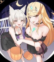 2girls absurdres blonde_hair blush breasts cat_ears cleavage come_hither core_crystal dress facial_mark grey_hair hair_ribbon halloween highres large_breasts long_hair looking_at_viewer multiple_girls mythra naughty_face nia_(xenoblade) oerba_yun_fang open_mouth ribbon short_hair smile tongue tongue_out very_long_hair xenoblade_(series) xenoblade_chronicles_2 zambonito