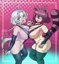 armpits breast_squish breasts_squeezed_together bush ferret_girl handholding laimu large_breasts large_penis looking_at_viewer raccoon_girl snuffy sweat tagme virtual_youtuber