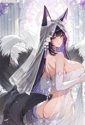 1girls ai_generated azur_lane big_breasts black_hair female female_only fox_ears fox_girl fox_tail heavenrb huge_breasts long_hair mature_female musashi_(azur_lane) solo wedding_dress yellow_eyes