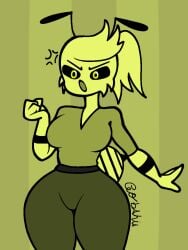 angry_expression anthro bee_girl bee_theme bee_wings black_antenna black_markings black_outline black_stripes black_wristband bold_colors bold_lines bweswees_bizznip cartoon_style expressive_face hip_accent humanoid_female insect_character insect_humanoid serious_look short_sleeves simple_shading slim_waist stylized_art thick_hips yellow_background yellow_eyes yellow_skin