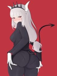 1girl ass ass_focus ass_lift ass_support backboob boobs business_suit demon demon_girl demon_horns demon_tail female female_only fraankyy gloves helltaker horns looking_at_viewer lucifer lucifer_(helltaker) pants pantylines red_background red_eyes solo tail thick_ass thick_thighs white_gloves