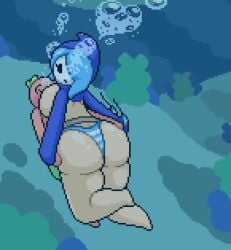 aquamarine_(okami_tomato) big_ass big_breasts big_thighs blue_bikini blue_hair blush breast_squish bubbles huge_ass mario_(series) okami_tomato pixel_art shy_gal shy_guy striped_bikini super_mario_bros. swimming tomato_(okami_tomato) topless underwater