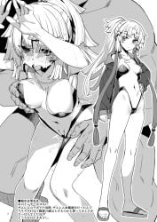 1boy blush breasts clothing_aside commentary_request covered_navel covered_nipples fate/samurai_remnant fate_(series) female full_body grabbing_another's_breast greyscale groping highleg highleg_one-piece_swimsuit highres jacket kishimen_hair long_hair looking_at_viewer medium_breasts monochrome multiple_views namonashi one-piece_swimsuit open_clothes open_jacket ponytail sandals sex sex_from_behind standing standing_sex straight sweat swimsuit swimsuit_aside translation_request yui_shousetsu_(fate)