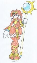 2d armlet armwear big_breasts big_hips bikini blue_eyes blue_jewelry body_paint echidna gloves gold_(metal) gold_jewelry golden_axe jewelry long_hair looking_at_viewer marlon64 mobian mobian_(species) mobian_echidna neckwear orange_body orange_fur orange_hair priest priestess sandals sega sonic_(series) sonic_adventure sonic_the_hedgehog_(series) staff thong thong_bikini tiara tikal_the_echidna traditional_drawing_(artwork) tribal tribal_female tribal_markings weapon white_background