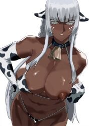 1girls alula_(artist) areola areolae armwear artist_request atlus bell bell_collar belly big_breasts bikini brigitta_lycaon busty collar cow_bell cow_bikini cow_ears cow_print cow_print_bikini dark-skinned_female dark_skin face_markings fake_animal_ears female female_only huge_breasts large_breasts metaphor:_refantazio nipples thick_thighs thigh_gap thighs tummy white_background white_eyes white_hair