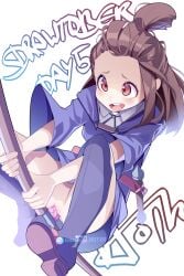 boots broom broom_riding brown_eyes brown_hair female female_masturbation highres hot_vr kagari_atsuko little_witch_academia masturbation object_insertion open_mouth purple_robe robe sex_toy solo topknot uncensored vaginal_object_insertion vaginal_penetration