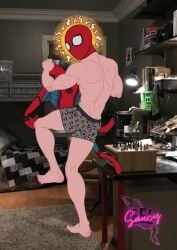 ass caught caught_in_the_act caught_off_guard changing_clothes changing_room disney embarrassed embarrassed_nude_exposure embarrassed_nude_male embarrassing embarrassment marvel marvel_cinematic_universe marvel_comics masked masked_male naked naked_male peter_parker saucyeel spider-man spider-man_(tom_holland) taint tom_holland underwear