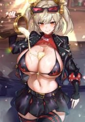 1girls areola areola_slip ass big_areola big_ass big_breasts big_thighs bikini blonde_hair blush breasts burnice_white female female_focus female_only gigantic_breasts huge_ass huge_breasts huge_thighs looking_at_viewer open_jacket orange_eyes radishkek skirt sweat sweatdrop sweating tagme thick_hips thick_thighs thighs twintails zenless_zone_zero