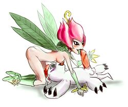 2013 4_wings 69 balls blush breasts claws digimon duo fairy fairy_wings fellatio female feral gomamon green_eyes green_tongue hair interspecies leaf leaf_wings leaves lillymon male nude oral oral_sex penis plain_background plant plant_girl red_hair red_penis sex shoes straight tatanye tongue tongue_out vine_hair vines white_background white_fur wings