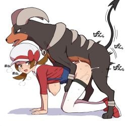 1boy 1girls all_fours breasts breasts_out brown_eyes brown_hair cabbie_hat clothed_sex commission doggy_style female from_side generation_2_pokemon hat hentamonn highres houndoom interspecies looking_at_viewer low_twintails lyra_(pokemon) male_pokemon/female_human medium_breasts nintendo nipples open_mouth overalls partially_clothed pixiv_commission pokemon pokemon_(creature) pokemon_(species) pokemon_hgss pokephilia red_footwear red_shirt sex sex_from_behind shirt shoes simple_background thighhighs twintails white_background white_hat white_thighhighs zoophilia