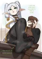 1girls boot_removed dialogue elf elf_ears elf_female english_text feet female female_only foot_fetish frieren green_eyes heel_boots hi_res lightsource looking_at_viewer musky_feet pantyhose sitting solo sousou_no_frieren text twintails white_hair