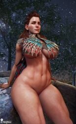 3d 3d_(artwork) aloy belly bhigbhee bracelet bracelets choker clothing female female_only fit_female freckles hair_ornament half-dressed hi_res highres hips horizon_forbidden_west horizon_zero_dawn jewelry large_breasts long_hair looking_at_viewer makeup nail_polish orange_hair outside red_hair ring solo thick_thighs underboob voluptuous watermark