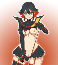 1girls areola black_hair breasts cleavage female flashing garter_straps gloves green_eyes hourglass_figure kill_la_kill matoi_ryuuko navel nipples one_breast_out ponpondou pussy senketsu skirt smile solo standing suspenders thighhighs two_tone_hair uncensored voluptuous