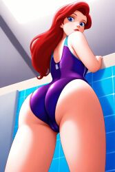 ai_generated ariel ariel_(the_little_mermaid) ass ass cameltoe competition_swimsuit disney disney_princess from_below looking_at_viewer low-angle_view one-piece_swimsuit swimsuit swimwear the_little_mermaid