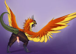 anthro avian back_turned barbs cockatrice erection feral furry horn looking_at_viewer looking_back maim male male_only orange_feathers penis precum raised_tail solo tongue tongue_out yellow_feathers