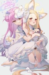 2girls :p absurdres angel_wings animal_ears armpits bar_censor barefoot black_scrunchie blonde_hair blue_archive blush bow capelet censored censored_clitoris clothes_lift cross_halo dress dress_lift feathered_wings feet female flat_chest forehead fox_ears gradient_eyes gradient_halo hair_bun hairbow halo hand_on_another's_chest highres long_hair low_wings mika_(blue_archive) multicolored_eyes multicolored_halo multiple_girls nipples pantyhose pink_hair pink_halo pussy pussy_juice samele_otaku scrunchie seia_(blue_archive) simple_background sleeve_bow sweat tongue tongue_out white_background white_bow white_capelet white_pantyhose white_wings wing_ornament wings wrist_scrunchie yellow_halo