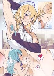 1boy 1girls armpits ass blonde_hair blue_eyes blush comic commission dog_ears dog_girl dog_tail femboy giant_femboy gloves halo heart_symbol huge_breasts leo_(ban_hammer) licking_armpit long_hair male_focus micro minigirl nude_female_clothed_male original shoya_222 shrunken_woman skeb_commission sleeveless_shirt sweat sweating_profusely third-party_source