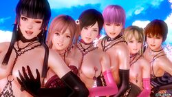 3d 6+girls 6girls areolae ayane_(doa) black_hair blonde_hair blue_eyes bra breasts brown_hair collar dead_or_alive earrings elbow_gloves female female_only gloves hair_ornament honey_select honoka_(doa) human jewelry kasumi_(doa) kokoro_(doa) light-skinned long_hair looking_at_viewer marie_rose metagraphy multiple_girls nipples nude nyotengu one_eye_closed outdoors pendant piercing pink_hair purple_hair red_eyes sex_slave short_hair slave slave_collar slavegirl source_filmmaker tied_hair tongue twintails underwear very_long_hair wink