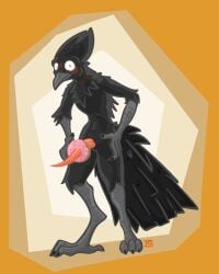 4:5 anthro avian awkward awkward_moment awkward_pose beak bird blush blushing_at_viewer caught caught_off_guard corvid corvus_(genus) crow dessert digital_drawing_(artwork) digital_media_(artwork) digitigrade doughnut embarrassed erection feather_tuft feathers feet food food_fetish food_on_penis food_penetration food_play genitals hi_res hunched_over improvised_sex_toy looking_at_viewer male nude nude_anthro nude_male oscine passerine pastry penis red_penis ruffled_feathers simple_background slim solo standing surprised_expression tail tail_feathers talons tapering_penis toes tuft vike_mike wide_eyed wingless_avian