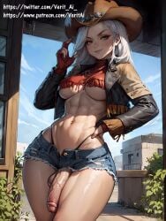 1futa abs ai_generated balls cowboy_hat cowgirl cowgirl_outfit denim_shorts dickgirl flaccid_penis futa_only futanari grey_eyes hand_on_hip jacket looking_at_viewer medium_breasts midriff navel penis short_shorts shorts smirk solo solo_futa stable_diffusion testicles underboob veritai white_hair wide_hips