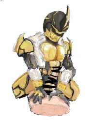 1_horn 1boy armor armored_male balls bear black_armor censored censored_penis cum cum_dripping_from_penis cum_on_hand cum_on_surface erect_penis erection eyeless fur fur_clothing imagin kamen_rider kamen_rider_den-o_(series) kintaros large_penis legs_spread log male male_focus male_only penis penis_out spread_legs straddling vest wood yellow_armor yellow_eyes yellow_skin