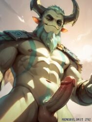 abs aged_up ai_generated beard big_penis dota dota_2 from_below green_body green_skin humanoid looking_at_viewer male male_only memorylimit muscular muscular_male nature's_prophet nude nude_male penis pointy_ears seductive_smile shoulder_pads sideburns simple_background taker_pov testicles watermark