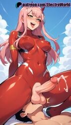 1boy 1futa 2boys ahe_gao ahe_gao ai_generated balls cum cum_on_body darling_in_the_franxx electroworld erect_penis erection femboy kneeling licking licking_balls nipples open_mouth penis saliva saliva_trail trap zero_two_(darling_in_the_franxx)