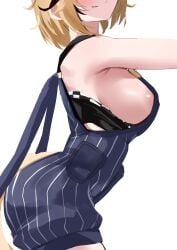 black_highlights blonde_hair bra breasts conductor_hat dooby3d gloves huge_breasts indie_virtual_youtuber jerboa jerboa_humanoid lowered_bra partially_offscreen_character redi_(rasec_asdjh) sideboob smug virtual_youtuber