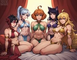 5girls abs ahoge ai_generated animal_ears arm_support armlet artist_name bangs bare_shoulders bed belly_chain bikini black_hair blake_belladonna blonde_hair blue_eyes blush bracelet breasts breasts_apart brown_hair cat_ears choker cleavage closed_mouth collarbone criss-cross_halter crossover curtains dancer dioxide earrings flower freckles gradient_hair green_eyes grey_eyes hair_between_eyes halterneck harem harem_outfit jewelry large_breasts lips long_hair looking_at_viewer medium_breasts midriff multicolored_hair multiple_girls navel on_bed orange_hair parted_lips pelvic_curtain penny_polendina ponytail purple_eyes red_hair revealing_clothes rose ruby_rose rwby scar scar_across_eye scar_on_face short_hair sitting small_breasts smile stomach swimsuit take_your_pick teeth thighlet toned two-tone_hair weiss_schnee white_hair yang_xiao_long yellow_eyes