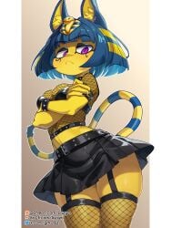 1girls animal_crossing ankha ankha_(animal_crossing) arms_crossed artist_name blue_hair busty cat_ears cat_tail catgirl cleavage curvy fishnets gm_laz goth goth_girl looking_down_at_viewer nintendo purple_eyes short_skirt thick_thighs yellow_fur