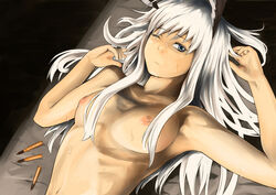 animal_ears bed blue_eyes breasts bullet female hanna-justina_marseille head_wings long_hair lying mocco))) nipples nude small_breasts solo strike_witches sweat white_hair wink