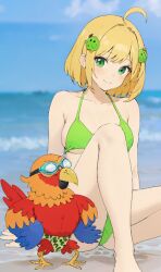 ai_generated bathing_suit beach bikini bird blonde_hair goggles green_eyes looking_at_viewer mellonnchan ocean parrot sand sea sergio speedo swimsuit the_casagrandes the_loud_house water zoophilia