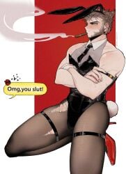 2boys animal_ears arm_hair beard black_leotard blush brown_hair brown_pantyhose cigar crossed_arms deadpool deadpool_&_wolverine_(2024) english_text facial_hair fake_animal_ears fake_tail gay heart high_heels james_howlett k4nc_wolverine large_pectorals leotard logan_(x-men) male_focus male_playboy_bunny marvel marvel_cinematic_universe mask mature_male mouth_hold multiple_boys muscular muscular_male necktie pantyhose pectorals rabbit_ears rabbit_tail red_footwear red_mask see-through_clothes short_hair sleeveless smoke smoking speech_bubble standing standing_on_one_leg sweatdrop tail thick_thighs thighs torn_clothes torn_pantyhose twitter_username veins veiny_arms wolverine_(x-men) wrist_cuffs x-men yaoi