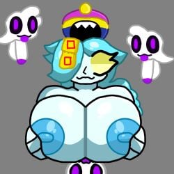 1girls 3boys big_breasts blue_body blue_hair blue_nipples brawl_stars colette_(brawl_stars) female female ghost ghost_girl inspector_colette male nipples pumpkinz6 yellow_eyes