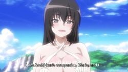 animated anime_screenshot ass bikini black_hair breasts butt_crack cleavage curvy english_subtitles female highres huge_breasts isekai_one_turn_kill_nee-san:_ane_douhan_no_isekai_seikatsu_hajimemashita kilmaria_(ichigeki_ane) large_breasts long_hair micro_bikini navel revealing_clothes seashell seashell_bikini shell shell_bikini skimpy solo sound subtitled swimsuit tagme video video voluptuous