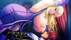 1boy blonde_hair blush breasts breasts_out esutoria female game_cg hanging_breasts kyonyuu_fantasy kyonyuu_fantasy_gaiden_2 large_breasts ryuuto_henge waffle