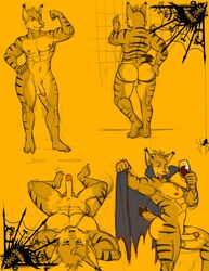 abs anthro arms_behind_head ass balls cape cigarette claws cloak erection feline flaccid flexing fur furry humanoid_penis looking_at_viewer lying lynx male male_only muscles nipples nude on_back pecs penis pinup pose smoking solo stripes syncope thighs thizorac