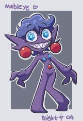 anthro anthrofied blightstar character_name earrings gem gem_eyes gem_nipples gem_on_belly knees_together_feet_apart looking_at_viewer mableye_(blightstar) oc original original_character pointy_ears pokemon pokemon_(species) pokemon_rse purple_body purple_hair pussy sableye small_breasts standing tagme toothy_grin vagina