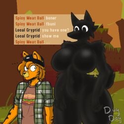 1:1 anthro arm_tuft beanie behind_another big_breasts black_beanie black_body black_clothing black_eyes black_fur black_hat black_headwear breasts brown_clothing brown_shirt brown_t-shirt brown_topwear canid canine chat_box clothed clothing curvy_figure dialogue digital_media_(artwork) domestic_cat dugdog duo elbow_tuft english_text felid feline felis female fur green_clothing green_eyes green_shirt green_topwear hair hat headgear headwear hi_res hip_tuft looking_at_another looking_down male male/female mammal multicolored_body multicolored_fur nude orange_body orange_fur plant shadow_creature shirt shocked shoulder_tuft signature simple_background t-shirt tail text thick_thighs topwear tree tuft webfishing wide_hips