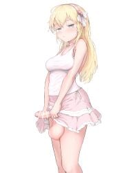 1futa alternate_version_at_source balls bar_censor big_balls blonde_hair blush bottomless breasts censored clothed clothing erection futa_only futanari human light-skinned_futanari light_skin long_hair mostly_clothed nonogorilla paid_reward_available penis small_breasts small_penis solo standing