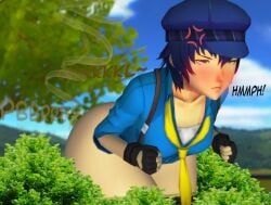 3d 3d_(artwork) 3d_model anger_vein big_ass big_butt blue_eyes blue_hair blush bottomless bush clenched_fist clenched_fists clenched_hand constipated constipated_girl constipation exhibitionism fart fart_cloud fart_fetish farting grunting hat implied_pooping implied_scat naoto_shirogane pale-skinned_female pale_skin persona persona_4 pooping_on_floor pooping_outside pushing scat scat science2311 shirogane_naoto shit smelly stinky straining struggling sweat sweatdrop sweating text tie wide_hips