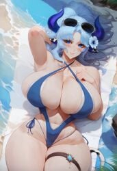 1girls ai_generated animal_ears beach big_breasts blue_eyes blue_hair blush civitai cow_ears cow_girl cow_horns eyewear_on_head female flower flower_in_hair hands_behind_head horns huge_breasts indie_virtual_youtuber large_breasts laying_down laying_on_back looking_at_viewer massive_breasts miilkywayz mommy ponytail seductive_smile smile sunglasses swimsuit thick_thighs thin_waist virtual_youtuber