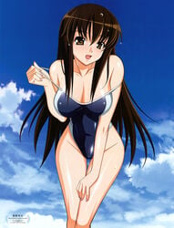 1girls aki_sora aoi_aki bare_shoulders blue_mizugi breasts brown_eyes brown_hair cleavage female high_resolution kuroda_kazuya large_breasts leaning_forward long_hair mizugi nail_polish one-piece_swimsuit open_mouth pin-up solo strap_slip swimsuit wet