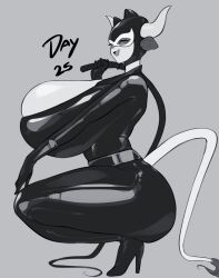 batman_(series) big_ass big_breasts bodysuit breasts_bigger_than_head catsuit catwoman_(cosplay) costume cow_horns cow_tail dc huge_breasts latex_gloves original_character thick_thighs ushiji