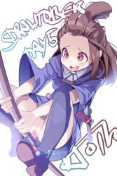 boots broom broom_riding brown_eyes brown_hair censored female female_masturbation highres hot_vr kagari_atsuko little_witch_academia masturbation mosaic_censoring object_insertion open_mouth purple_robe robe sex_toy solo topknot vaginal_object_insertion vaginal_penetration