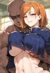 abs ai_generated big_breasts breast_press crop_top dark_skin femdom fit_female grabbing_breasts groping groping_breasts jujutsu_kaisen kugisaki_nobara midriff navel panties red_eyes sadistic_girl sadistic_smile smile smirk smirking smug smug_face tomboy toned_female underboob uniform