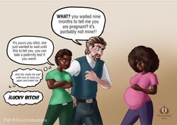 afro big_breasts big_bulge black_hair blue_eyes breasts bulge bulge_through_clothing character_request copyright_request dark-skinned_female dark_skin human human_male illustratedsins interracial light-skinned_male light_skin old_man pregnancy pregnant threesome white_skin