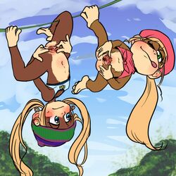 2girls blush bottomless clothed clothing dixie_kong donkey_kong_(series) female female_only haplorhine mammal midara monkey monkey_feet monkey_girl multiple_girls nintendo one_eye_closed prehensile_feet presenting presenting_pussy primate pussy shirt spread_pussy spreading tiny_kong tongue tongue_out video_games