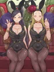 1boy 2girls akkgsyk animal_ears black_hair black_jacket black_leotard black_pantyhose blonde_hair booga_(dragon_quest) breasts censored cleavage closed_eyes coattails colored_skin commentary_request couch dragon_quest dragon_quest_xi earrings erection fake_animal_ears fishnet_pantyhose fishnets green_skin grey_eyes high_ponytail highres interspecies jacket jade_(dq11) jewelry large_breasts large_penis leotard long_hair looking_at_viewer martina_(dq11) monster mosaic_censoring multiple_girls netorare on_couch pantyhose penis playboy_bunny rabbit_ears senya_(dq11) serena_(dq11) sitting smile testicles waving